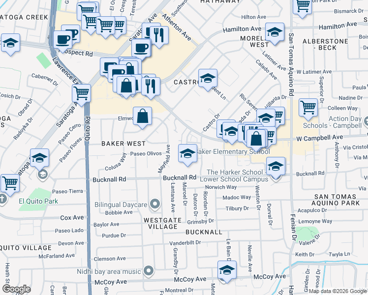 map of restaurants, bars, coffee shops, grocery stores, and more near 2047 Heather Glen Drive in San Jose