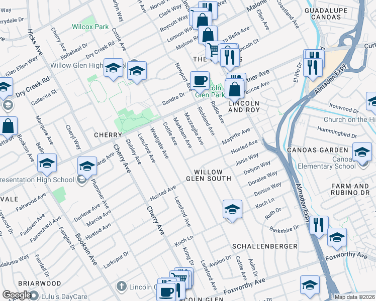map of restaurants, bars, coffee shops, grocery stores, and more near 2379 Markham Avenue in San Jose