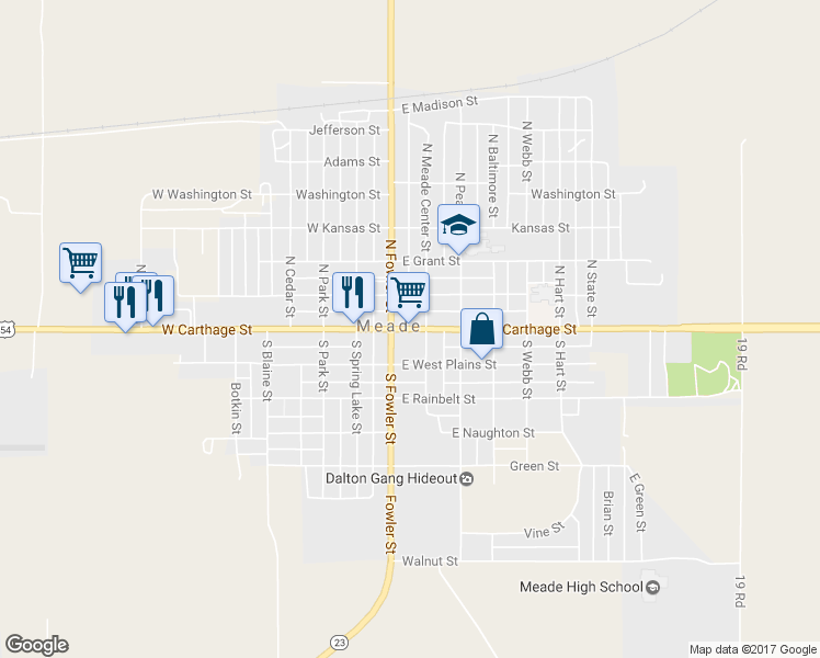 map of restaurants, bars, coffee shops, grocery stores, and more near 139 East Carthage Street in Meade