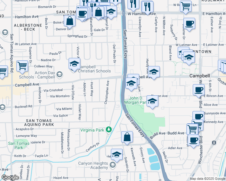 map of restaurants, bars, coffee shops, grocery stores, and more near 103 Virginia Avenue in Campbell