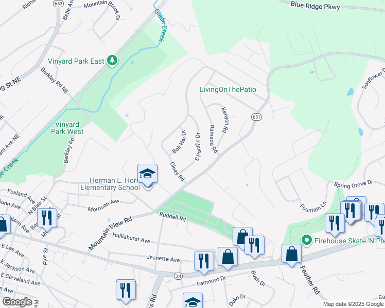 map of restaurants, bars, coffee shops, grocery stores, and more near 1536 South Pacific Drive in Vinton