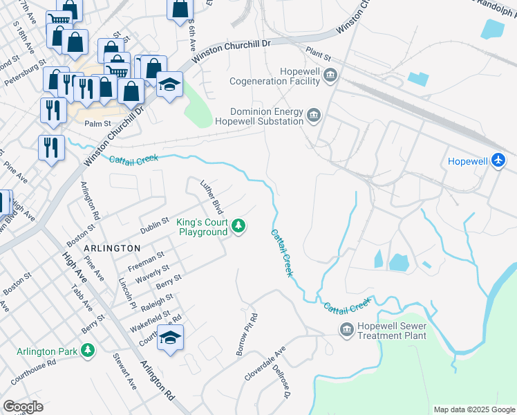 map of restaurants, bars, coffee shops, grocery stores, and more near 1800 Freeman Street in Hopewell