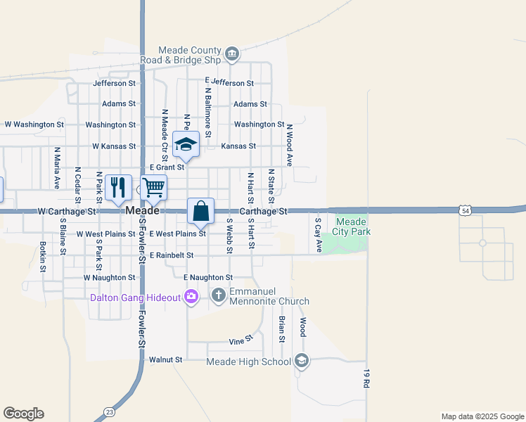 map of restaurants, bars, coffee shops, grocery stores, and more near Carthage Street in Meade