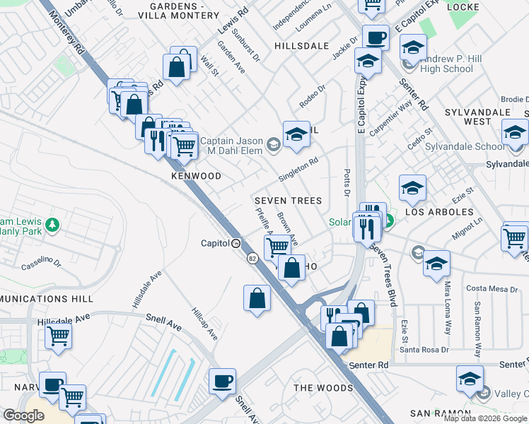 map of restaurants, bars, coffee shops, grocery stores, and more near 13001 Pfeifle Avenue in San Jose