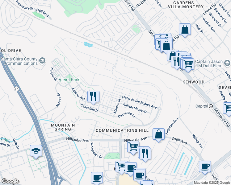 map of restaurants, bars, coffee shops, grocery stores, and more near 337 Llano de los Robles Avenue in San Jose