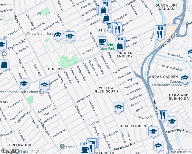 map of restaurants, bars, coffee shops, grocery stores, and more near 2379 Markham Avenue in San Jose