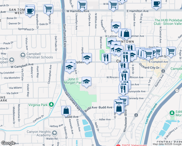 map of restaurants, bars, coffee shops, grocery stores, and more near 347 West Rincon Avenue in Campbell