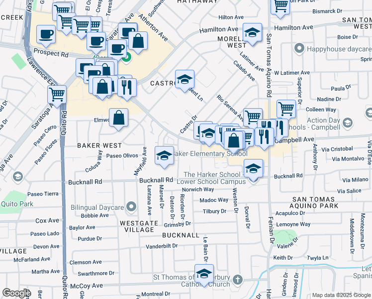 map of restaurants, bars, coffee shops, grocery stores, and more near 4697 Whitwood Lane in San Jose