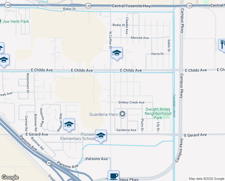 map of restaurants, bars, coffee shops, grocery stores, and more near 159 Blueberry Lane in Merced