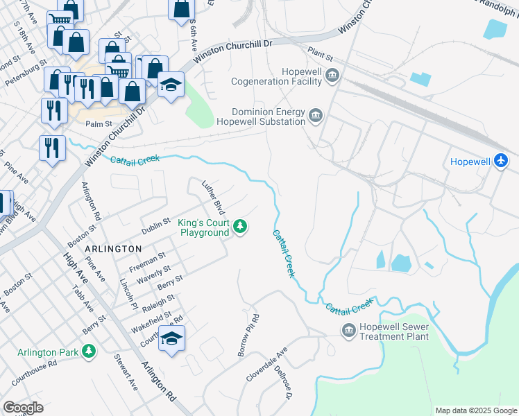 map of restaurants, bars, coffee shops, grocery stores, and more near 1800 Freeman Street in Hopewell