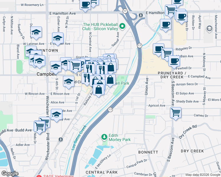 map of restaurants, bars, coffee shops, grocery stores, and more near 155 Heritage Place in Campbell