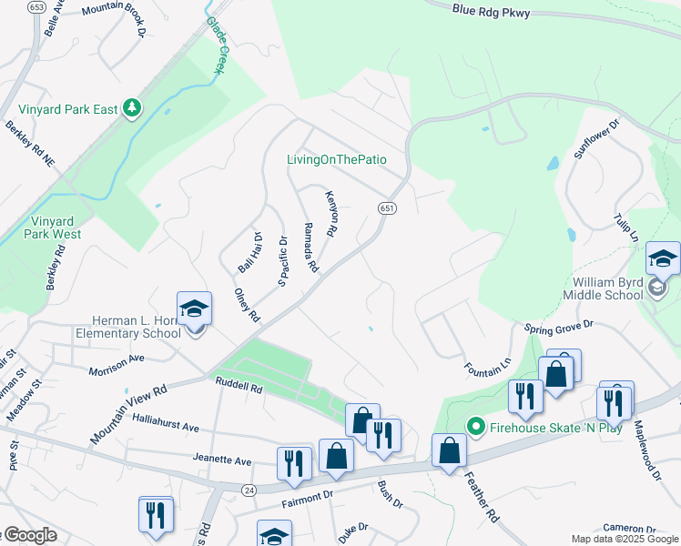 map of restaurants, bars, coffee shops, grocery stores, and more near 1603 Mountain View Road in Vinton