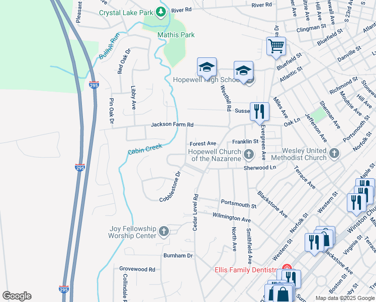 map of restaurants, bars, coffee shops, grocery stores, and more near 118 Cobblestone Drive in Hopewell