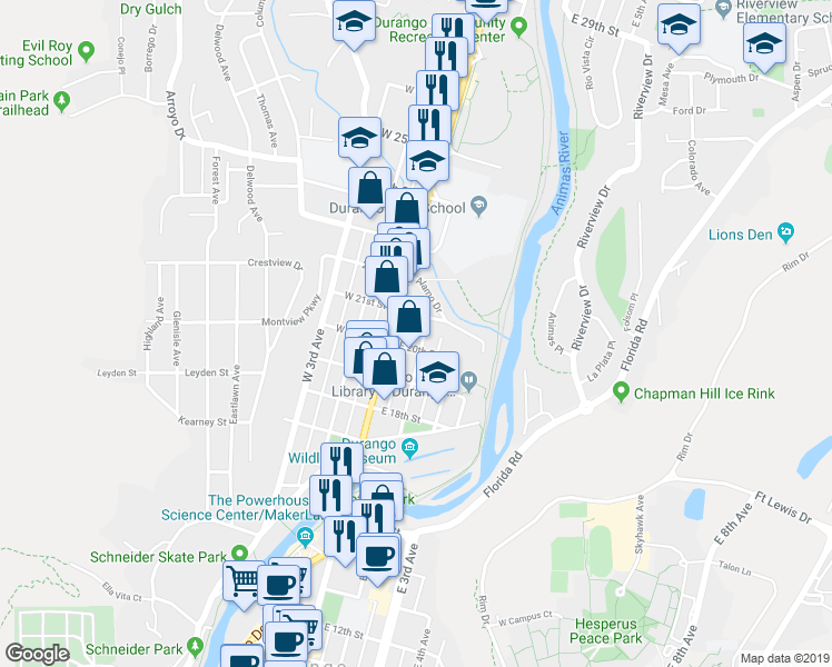 map of restaurants, bars, coffee shops, grocery stores, and more near 2051 East 2nd Avenue in Durango