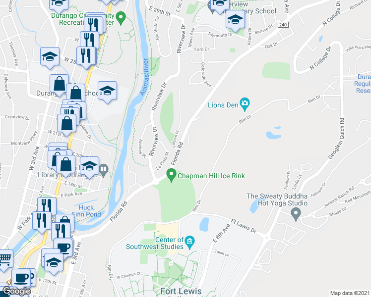 map of restaurants, bars, coffee shops, grocery stores, and more near 606 Florida Road in Durango