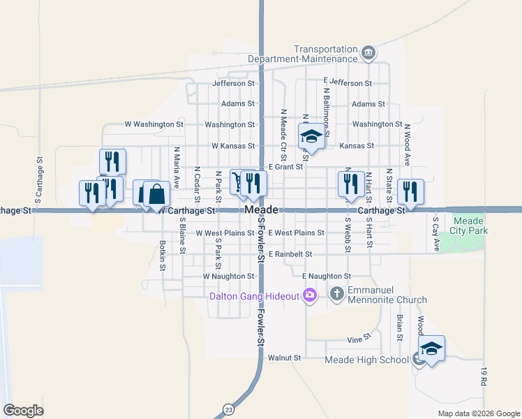map of restaurants, bars, coffee shops, grocery stores, and more near in Meade