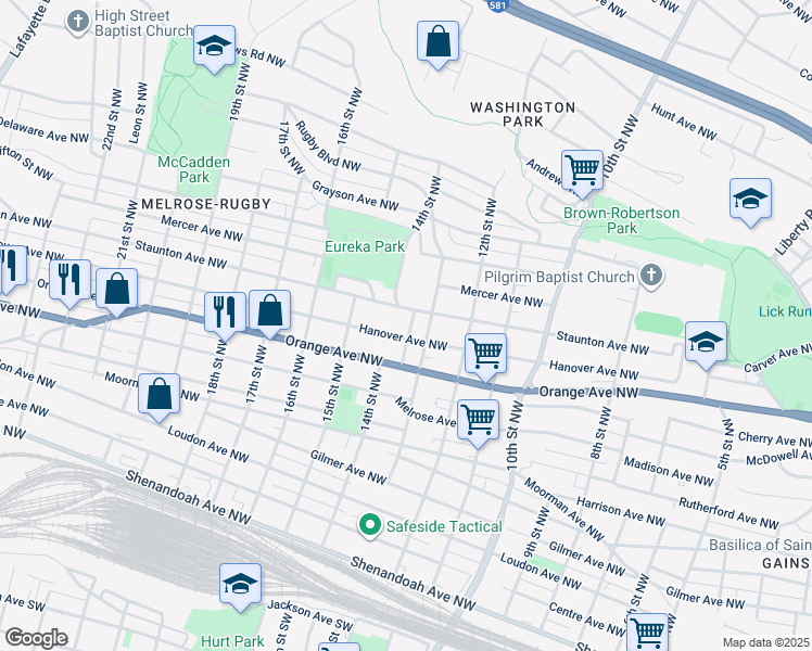 map of restaurants, bars, coffee shops, grocery stores, and more near 910 14th Street Northwest in Roanoke