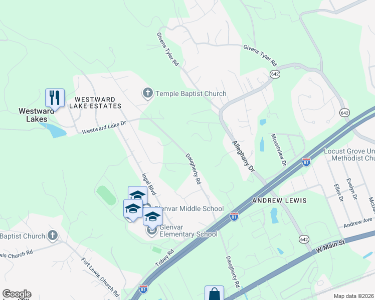 map of restaurants, bars, coffee shops, grocery stores, and more near 4203 Daugherty Road in Salem