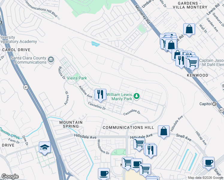 map of restaurants, bars, coffee shops, grocery stores, and more near 382 Llano de los Robles Avenue in San Jose