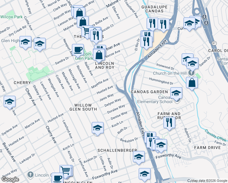 map of restaurants, bars, coffee shops, grocery stores, and more near 1115 Janis Way in San Jose