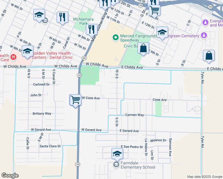 map of restaurants, bars, coffee shops, grocery stores, and more near 46 Skylark Ct in Merced