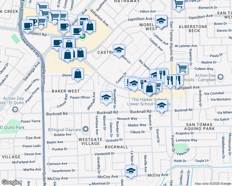 map of restaurants, bars, coffee shops, grocery stores, and more near 4697 Whitwood Lane in San Jose