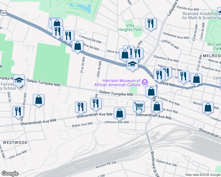 map of restaurants, bars, coffee shops, grocery stores, and more near 757 29th Street Northwest in Roanoke