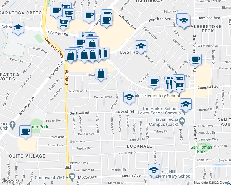 map of restaurants, bars, coffee shops, grocery stores, and more near 4908 Harmony Way in San Jose