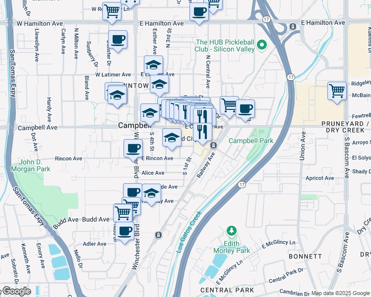 map of restaurants, bars, coffee shops, grocery stores, and more near 232 Everett Avenue in Campbell