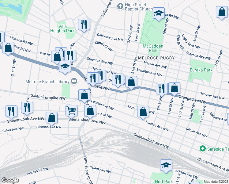 map of restaurants, bars, coffee shops, grocery stores, and more near 2206 Melrose Avenue Northwest in Roanoke
