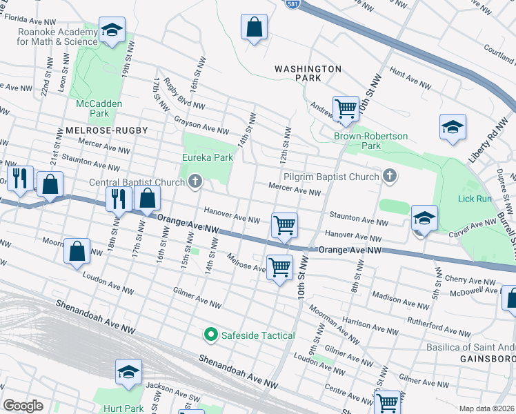 map of restaurants, bars, coffee shops, grocery stores, and more near 1224 Staunton Avenue Northwest in Roanoke