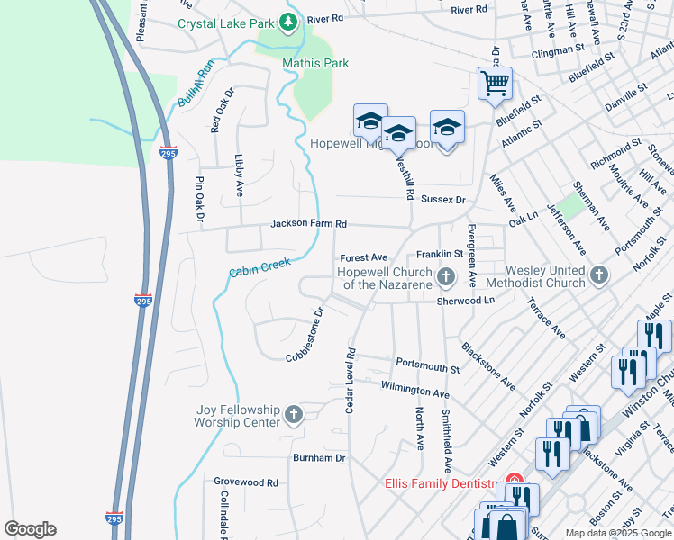 map of restaurants, bars, coffee shops, grocery stores, and more near 116 Cobblestone Drive in Hopewell
