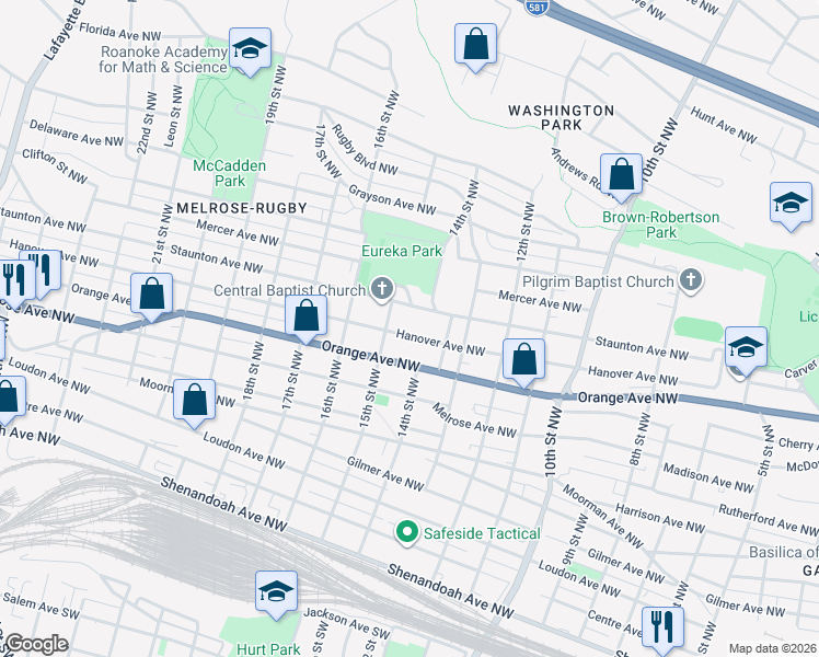 map of restaurants, bars, coffee shops, grocery stores, and more near 1423 Hanover Avenue Northwest in Roanoke