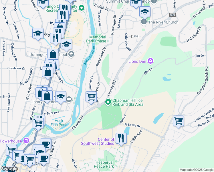 map of restaurants, bars, coffee shops, grocery stores, and more near 40 La Plata Place in Durango