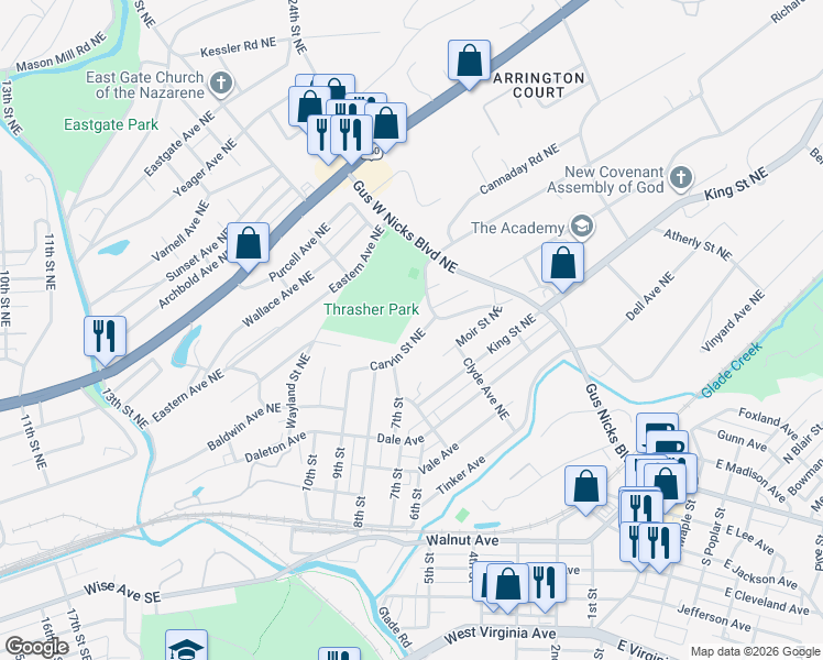map of restaurants, bars, coffee shops, grocery stores, and more near 2213 Carvin Street Northeast in Roanoke