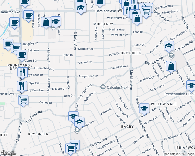 map of restaurants, bars, coffee shops, grocery stores, and more near 1830 Arroyo Seco Drive in San Jose