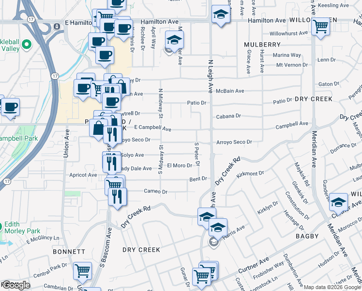 map of restaurants, bars, coffee shops, grocery stores, and more near 1316 Arroyo Seco Drive in Campbell