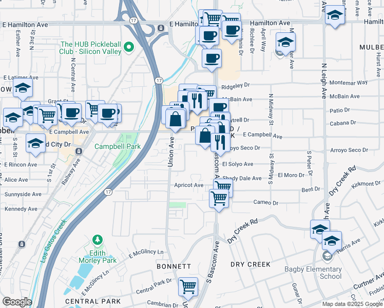 map of restaurants, bars, coffee shops, grocery stores, and more near 52 Michael Drive in Campbell