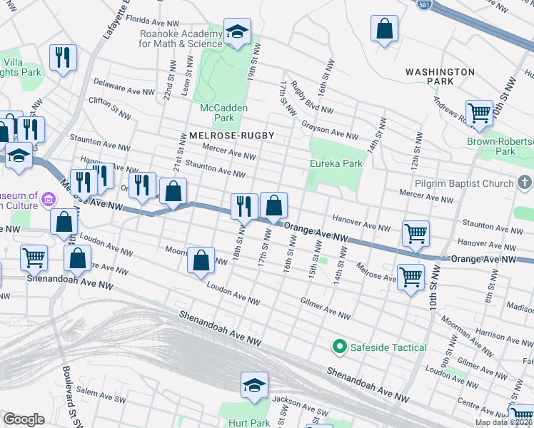 map of restaurants, bars, coffee shops, grocery stores, and more near 1711 Orange Avenue Northwest in Roanoke