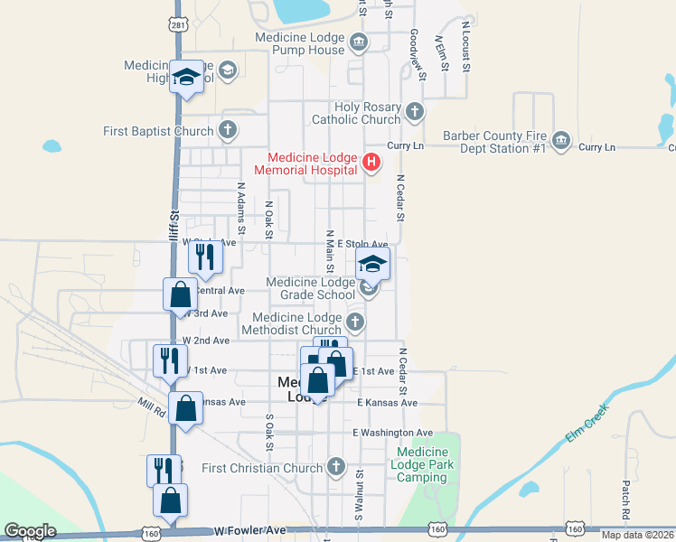 map of restaurants, bars, coffee shops, grocery stores, and more near 100-104 East Central Avenue in Medicine Lodge
