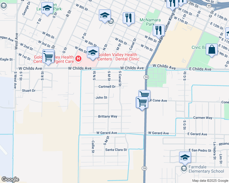 map of restaurants, bars, coffee shops, grocery stores, and more near 504 John Court in Merced