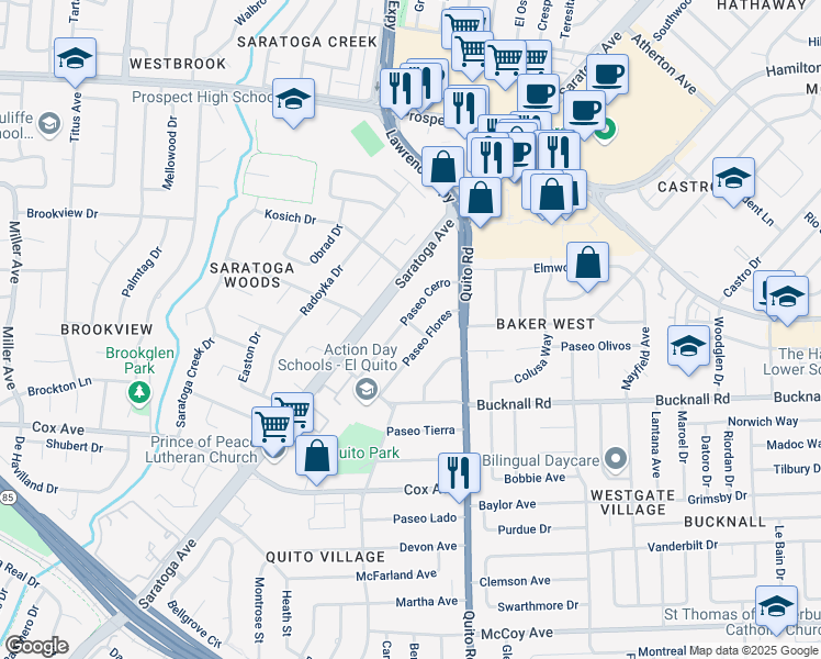 map of restaurants, bars, coffee shops, grocery stores, and more near 12530 Paseo Pico in Saratoga