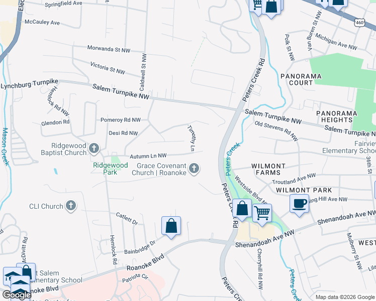 map of restaurants, bars, coffee shops, grocery stores, and more near 4605 Autumn Lane Northwest in Roanoke