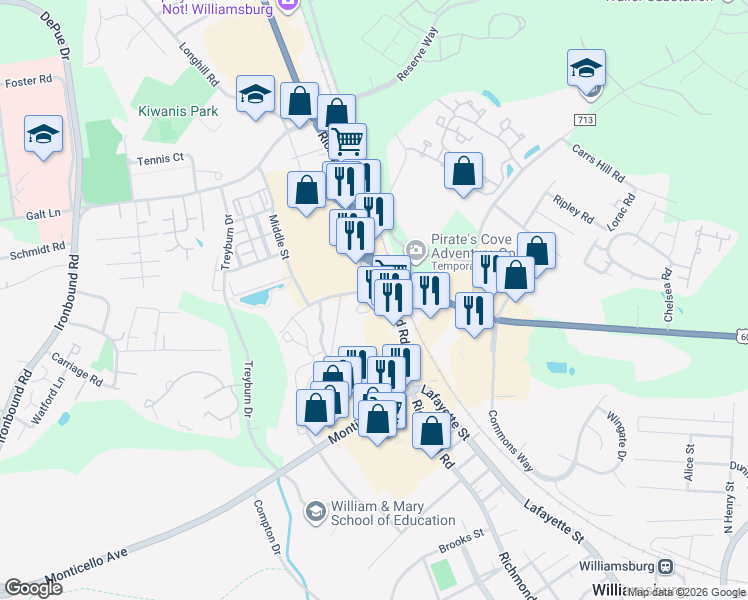 map of restaurants, bars, coffee shops, grocery stores, and more near 1376 Richmond Road in Williamsburg