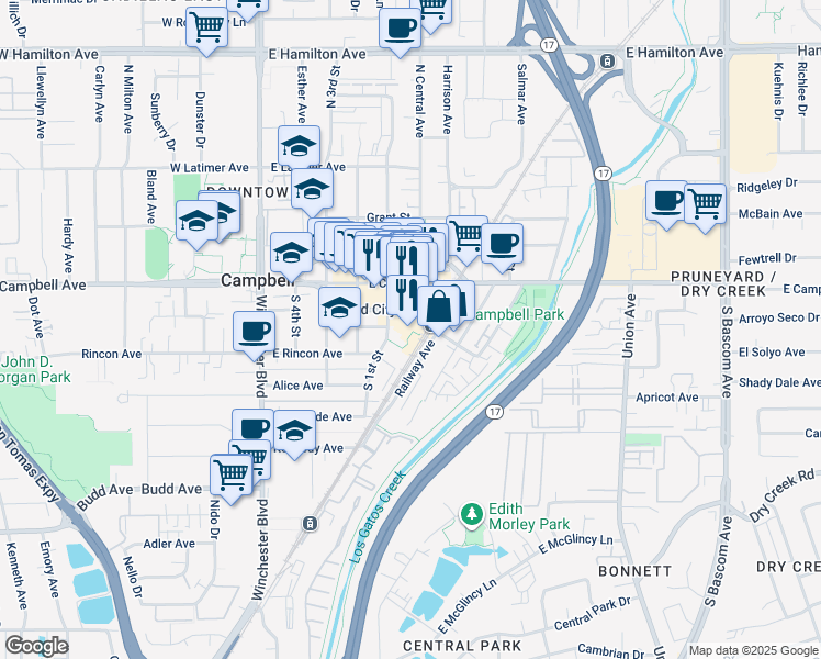 map of restaurants, bars, coffee shops, grocery stores, and more near in Campbell