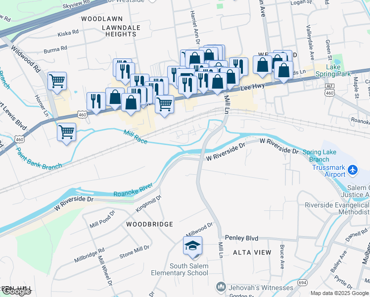 map of restaurants, bars, coffee shops, grocery stores, and more near 100 Mill Lane in Salem