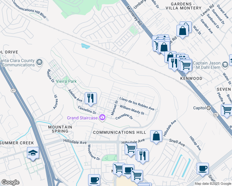 map of restaurants, bars, coffee shops, grocery stores, and more near 2989 Manuel Street in San Jose