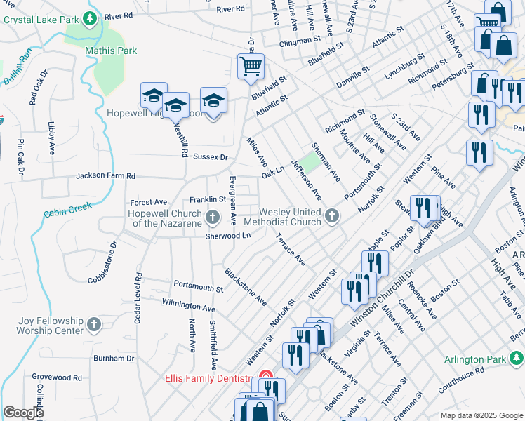 map of restaurants, bars, coffee shops, grocery stores, and more near 517 Gravatt Avenue in Hopewell