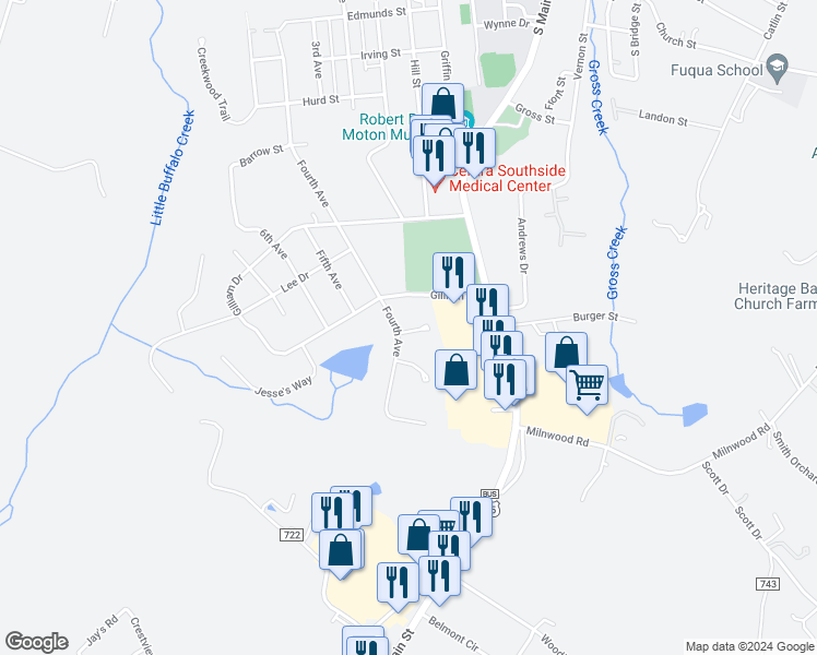 map of restaurants, bars, coffee shops, grocery stores, and more near 105 Beverley Court in Farmville
