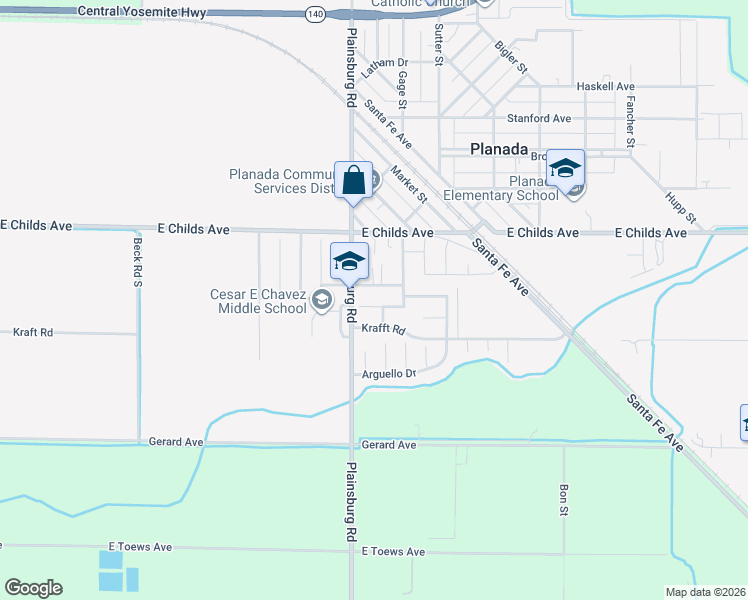 map of restaurants, bars, coffee shops, grocery stores, and more near 9052 East Anza Street in Planada